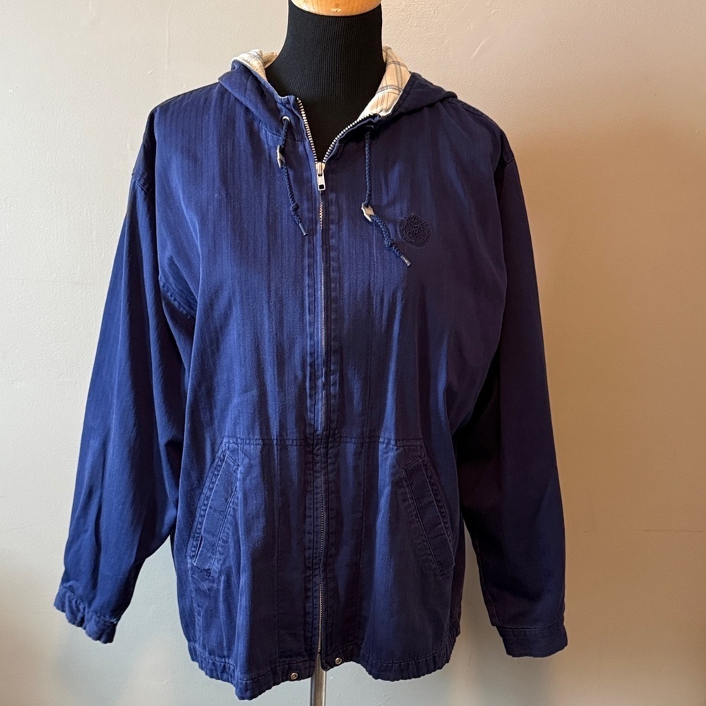 Vintage Northern Reflections Navy Blue Hooded Zip Front Jacket Plaid Lining Sz M